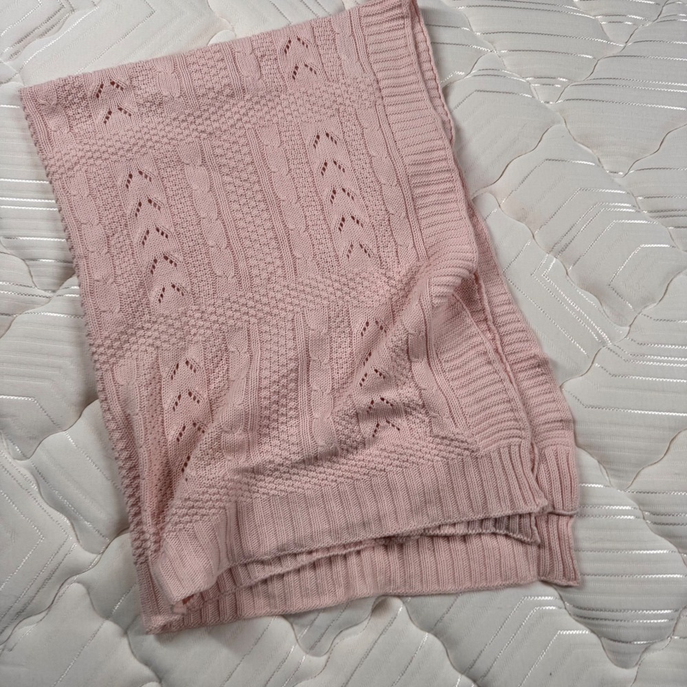 Bright Future Pink Knit Baby Blanket Pointelle Cable Knit Ribbed Trim 32x44" Vtg